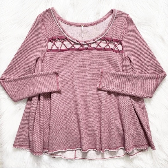 Free People Criss Cross Magenta Pink Striped Pullover Long Sleeve Sweatshirt Top - Picture 7 of 9